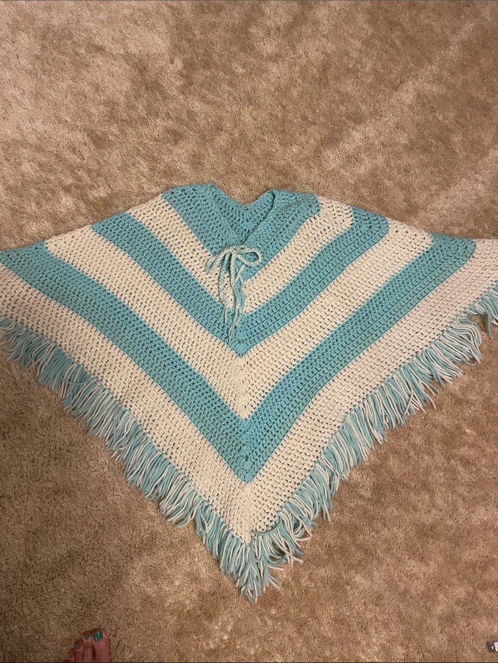 Vintage Blue and White Striped Crochet Poncho
